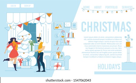 Flat Landing Page with Christmas Holidays Design. Cartoon Young Family, Married Man and Woman Celebrating Party at Home. Living Room interior with Decoration and Xmas Fir. Vector Illustration