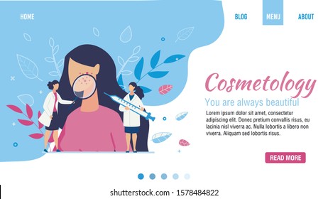 Flat Landing Page for Cosmetology Beauty Salon. Facial Skincare and Epidermidis Treatment. Woman Patient with Acne and Doctor Cosmetologist with Loupe and Syringe. Vector Cartoon Illustration