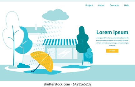 Flat Landing Page with Editable Advertising Text and Menu. Vector Brolly on Ground under Rain. Street Cafe on Backdrop. Nature and City Park Illustration. Struggle with Melancholy and Loneliness Idea