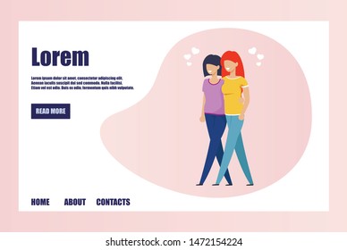 Flat Landing Page with Editable Text Information. Two Cartoon Happy Smiling Woman Embracing and Walking Together. Lesbian Girls or Female Friends on Walk. Romantic Dating. LGBT. Vector illustration