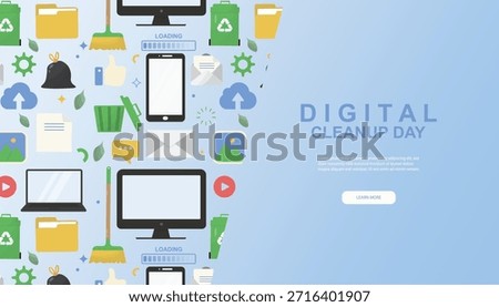 Flat landing page illustration for Digital Cleanup Day with a left panel full of digital devices, emails, trash bins and eco icons. Digital cleanup day concept. Clean data. Vector illustration