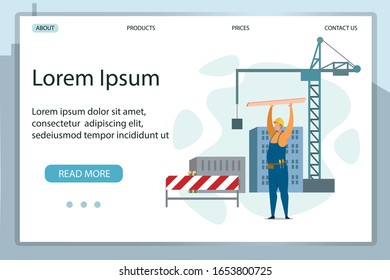 Flat Landing Page Interface Design für Bauunternehmen und Ingenieurbüros. Man Carpenter in Uniform, Helmet. Turmkran, unfertige Hochhäuser. Industrie und Technologie. Vektorillustration-Illustration