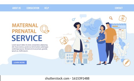 Flat Landing Page Layout Design. Maternal Prenatal Service. Cartoon Female Doctor Consulting Pregnant Woman Wife with Man Husband. Young Family Waiting Childbirth on Consultation. Vector Illustration