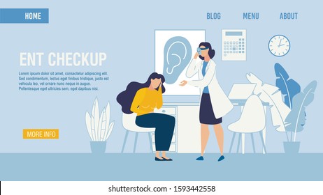 Flat Landing Page Medical ENT Checkup Service. Professional Otolaryngologist Making Patient Examination with Special Equipment. Woman Suffering from Ear Ache. Vector Cartoon Illustration