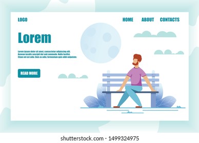 Flat Landing Page with Menu and More Information. Happy Smiling Cartoon Man Character Resting on Park Bench. Guy Looking for Love and Waiting Romantic Dating. Summer Vacation. Vector Illustration