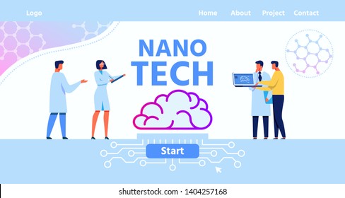 Flat Landing Page for Nano Tech Human Brain Science Research Laboratory. Text Mockup with Brainstorming Male and Female Scientists. Artificial Intelligence Development. Vector Illustration