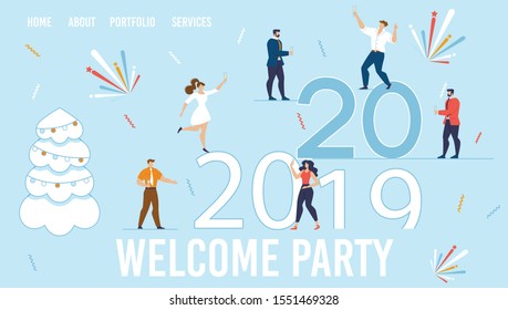 Flat Landing Page with New Year Design. Cartoon Happy Adult People, Office Characters, Men and Women Celebrating Party Event with Alcoholic Drinks. Fireworks, Fir Tree, Confetti. Vector Illustration
