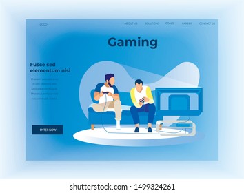 Flat Landing Page Offer Data Analysis in Technology Smart Gaming. Cartoon Guys Having Virtual Competition. Male Characters Playing Computer Video Games. Entertainment Industry. Vector Illustration