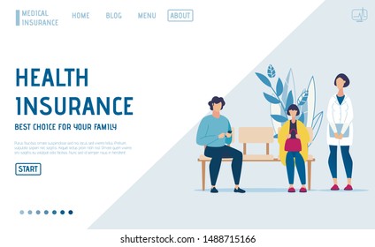 Flat Landing Page Offer Health Insurance Online Service. Cartoon People Characters in Queue. Female Doctor Specialist in Uniform. Modern Digital Medicine. Healthcare Program. Vector Illustration