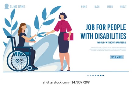 Flat Landing Page Offer Job For Disabled People. Woman With Disabilities Sitting In Wheelchair Taking Hiring Contract From Female Employer. Work Interview. Vector Cartoon Illustration. Foliage Design