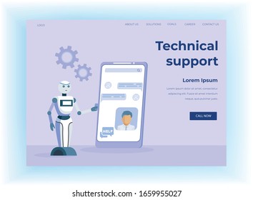 Flat Landing Page Offer Mobile Chatbot Technical Support. Cartoon Artificial Intelligence Consulting Male Client. Vector Illustration