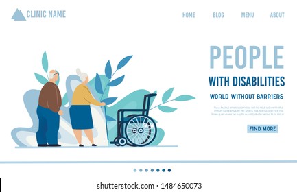 Flat Landing Page Offer Nursing, Healthcare Assistance or Home Sitting for Old People with Disabilities. Cartoon Senior Man and Woman with Walking Stick. Wheelchair. Plants Design. Vector Illustration