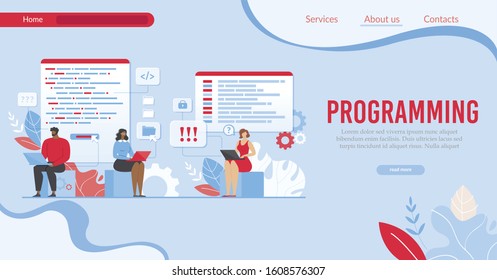 Flat Landing Page Offer Program, Programming Service, Programmers and Designers Help for Internet Business Development. Workers Coding Webpage, Creating Software Design. Vector Cartoon Illustration