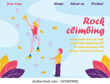 Flat Landing Page Offer Rock Climbing Sport for Family. Cartoon Mother Climbs on Bouldering Wall with Grips and Holds. Son Standing on Floor and Support Parent. Summer Activities. Vector Illustration