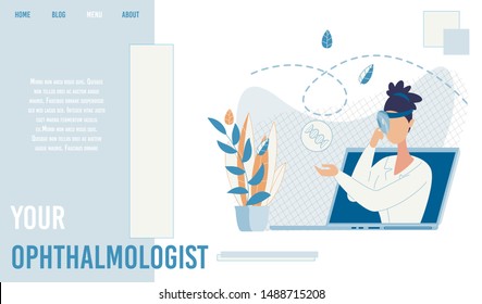 Flat Landing Page Offer Select Ophthalmologist Online. Consultation, Health Maintaining via Internet. Service to Choose Personal Specialist. Presentation for Professional. Vector Cartoon Illustration