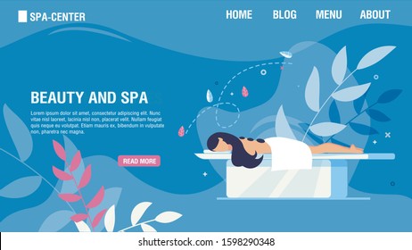 Flat Landing Page Offering Beauty and Spa Services. Girl Enjoying Traditional Hot Stone Therapy. Woman Patient Lying on Table. Body Relaxation, Back Treatment, Healthcare. Vector Cartoon Illustration