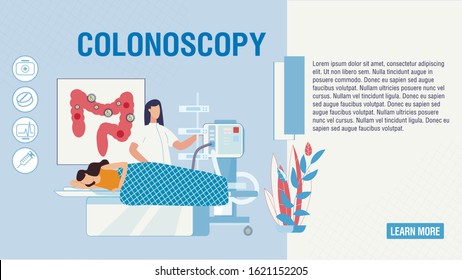 Flat Landing Page Offering Colonoscopy Procedure. Cartoon Patient and Doctor in clinic Laboratory. Rectum Diseases Screening, Prevention and Treatment at Hospital. Vector Intestine Health Illustration