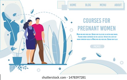 Flat Landing Page Offering Courses for Pregnant Women. Happy Cartoon Married Couple Coming to Center for Maternity Training. Preparation for Childbirth. School for Mothers. Vector Illustration