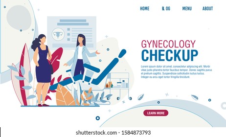 Flat Landing Page Offering Gynecology Checkup for Women. Female Visiting Gynecologist Doctor. Examination Room with Gynecological Chair Design. Medical Appointment. Vector Health Care Illustration