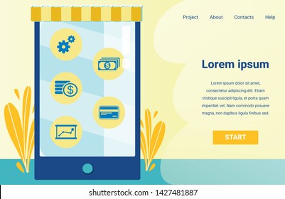 Flat Landing Page Offering IOT Mobile App. Big Table or Phone Screen with Icons for Internet Banking, Online Purchasing or Payment through Virtual Cards, Settings and Analysis. Vector Illustration