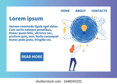 Flat Landing Page mit profitablen Ideen Kreation und Generierung. Cartoon Business Woman Charakter Touching Money Hanging aus dem Papst mit Light Bulb in Tread Ball. Vektorillustration Motivation Illustration
