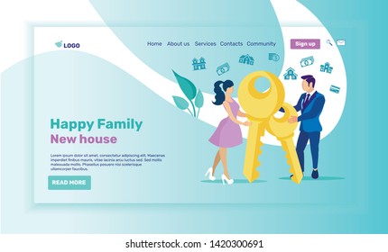 Flat Landing Page Offering Real Estate for Young Couple. Realtor Agency Online. New Prices, Sales, Discounts for Family. Cartoon Man and Woman Stand with Huge Keys from New Home. Vector Illustration