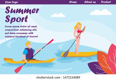 Flat Landing Page Offering Summer Water Sport Variety. Rowing on Canoe or Kayak, Sup Surfing with Paddle. Outdoor Activities and Extreme Summertime. Surfboards Beach Holidays. Vector Illustration