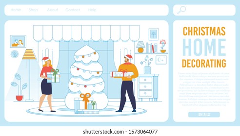 Flat Landing Page Offering Trendy Christmas Home Decoration. Happy Cartoon Family, Man and Woman Couple with Gift Boxes Standing by Xmas Fir Tree with Ornaments in Decorated Room. Vector Illustration