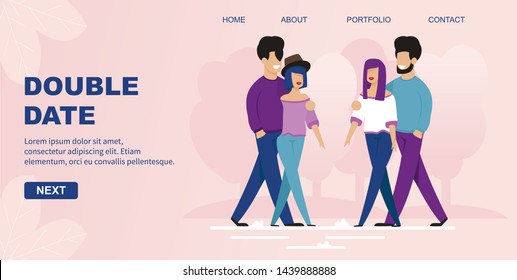 Flat Landing Page Offers Double Date Organization. Two Cartoon Young Couples Walking Together. Twice Fun on Combined Meeting. Families Friendship. Vector Invitation to Join Illustration