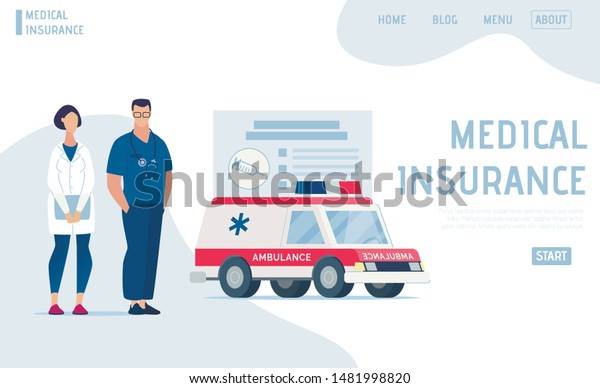 Flat Landing Page Offers Professional\
Medical Insurance and Qualified Human Health Protection. Cartoon\
Clinic Staff, Ambulance Car and Patient Card Vector Illustration.\
Online Service for\
Registration