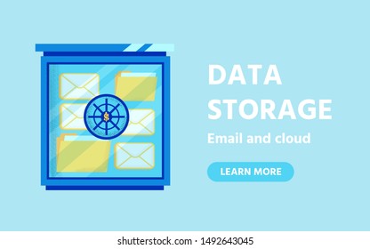 Flat Landing Page Offers Save Service For Data Storage. Cloud Technology. Email Protection From Accidental Deletion. Electronic Letters Metaphor Bank Under Lock. Vector Cartoon Illustration