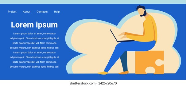 Flat Landing Page for Online Dating Services for Romantic Relationships and Marriage Agency. Cartoon Man Character Sitting with Laptop and Looking for Couple. Social Networking. Vector Illustration
