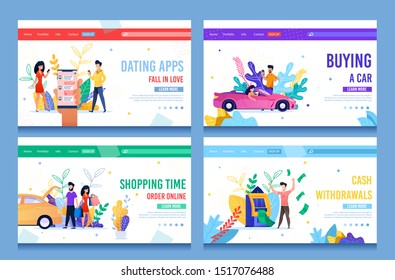 Flat Landing Page for Online Services Making Life Easy. Dating Apps, Buying Car and Different Goods via Internet, Withdrawing Cash, Electronic Payments and Transfer Applications. Vector Illustration