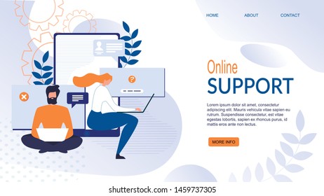 Flat Landing Page for Online Support Service Application. Technical Hotline, Client Helpline Chat. Cartoon Man and Woman Business Operators Character Answering on Question. Vector Illustration