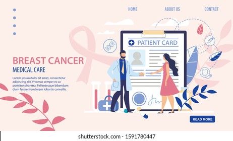 Flat Landing Page for Ontological Online Service. Breast Cancer Awareness, Early Detection and Healthcare. Woman at Doctor Appointment. Huge Patient Card. Medical Care. Vector Cartoon Illustration