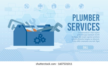 Flat Landing Page for Order Plumber Home Professional Service. Repair Master Call. Water Piping System Renovation and Check. Cartoon Opened Tools Box. Husband on Hour. Vector Illustration