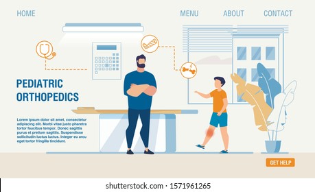 Flat Landing Page For Pediatric Orthopedics Service. Little Boy With Injured Knee At Doctor Appointment. Traumatologist Giving Consultation And Prescribing Treatment. Vector Cartoon Illustration