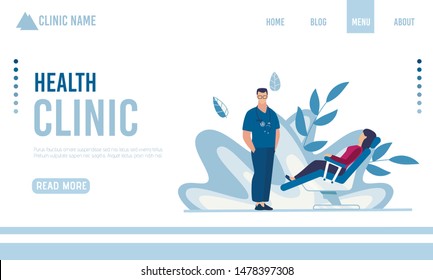 Flat Landing Page Presenting Modern Health Clinic. Cartoon Doctor and Woman Lying on Chair for Examination. Homepage for Hospital in Eco Floral Design. Healthcare and Medicine. Vector Illustration