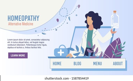 Flat Landing Page Promoting Alternative Homeopathy Medicine. Online Consultative Service. Woman Doctor Giving Advise, Selling Homeopathic Pills For Treatment. Vector Cartoon Illustration