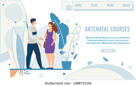Flat Landing Page Promoting Antenatal Courses. Male Teacher, Greeting, Trainer Welcoming Pregnant Woman Came to Training Class. Happy Motherhood. Vector Illustration in Natural Cartoon Design