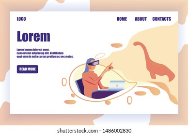 Flat Landing Page Promoting Virtual Reality Technologies. VR Paleontology Education Presentations. Augment Reality Prehistoric Times Visualization. Woman in Optic Glasses. Vector Cartoon Illustration