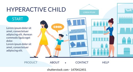 Flat Landing Page Reveal Hyperactive Child Problem. Naughty Mischievous Girl at Shop. Unhappy Upset Mother with Misbehave Daughter and Stressed Saleswoman at Shopping Mall. Vector Cartoon Illustration