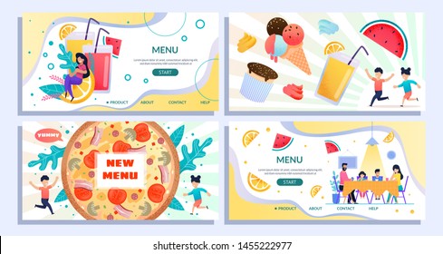 Flat Landing Page Set Advertising New Summer Menu. Italian Pizza, Special Offer for Family Members and Children, Sweet Desserts, Fruits and Fresh Juice. Vector Cartoon People and Food Illustration