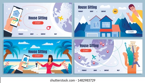 Flat Landing Page Set Advertising Worldwide House Sitting. Friendly Smiling Cartoon Male and Female Realtors Offering Best Place at Tropical Island, Mountain Resort, Europe. Vector Illustration