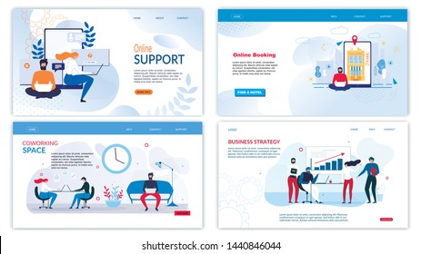 Flat Landing Page Set for Business Development. Coworking Space Organization, Develop Startup Strategy, Online Booking Service and Helpline Chat Support for Clients. Vector Illustration