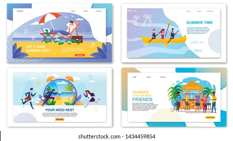 Flat Landing Page Set with Summer Vacation Offers. Rest and Relax on Beach or in Tropical Bar and Extreme Recreation on Boats for People. Booking Tours for Businessmen. Vector Illustration