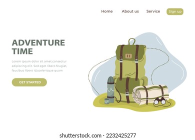 Flat landing page template for summer camping, tourism, outdoor vacation. Vector illustration of travel equipment, backpack, thermos, binoculars, mat in cartoon style.