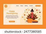 Flat landing page template for thanksgiving with Turkey, pumpkin and leaves.Vector Illustration