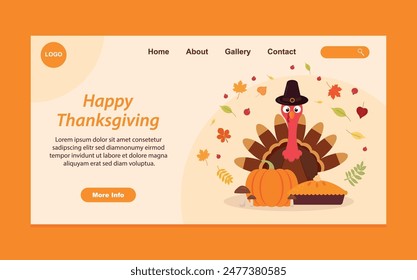 Flat landing page template for thanksgiving with Turkey, pumpkin and leaves.Vector Illustration