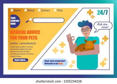 Flat Landing Template Web Page Offering Choose Veterinary Online for Consultation. Menu, Search string, lorem ipsum. Flat vet character with cute pet - small dog. Yellow and blue green colors. 24/7